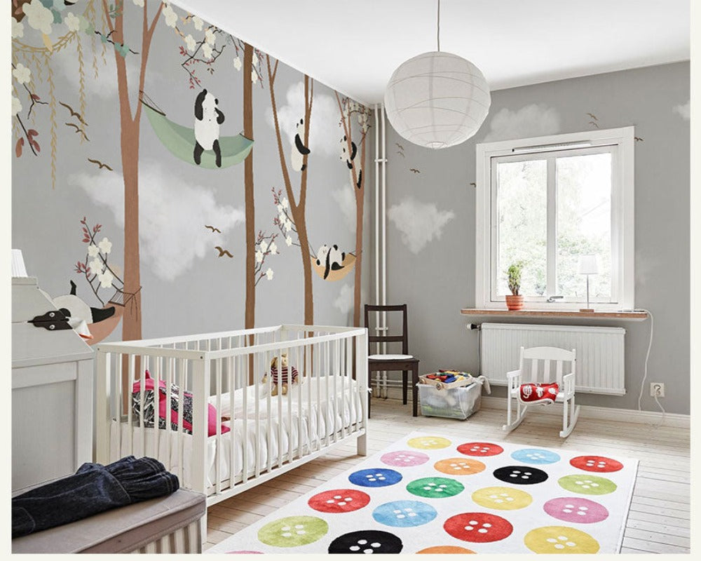 3D Wallpaper Cartoon Panda Trees
